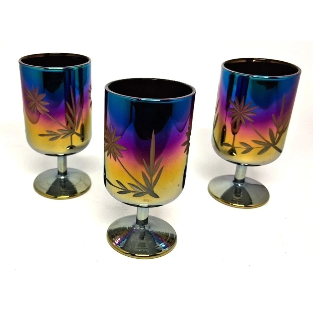 Beautiful Shot glasses or Liqueur 3 Carnival Iridescent Glass Bohemian Cut Style
